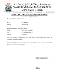 Contoh surat keterangan mengajar tpq. Surat Keterangan Aktif Mengajar Tpq 2019