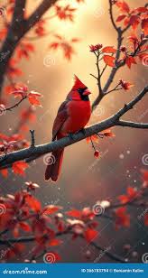 Red Cardinal Perched Branch Autumn Leaves Stock Photos