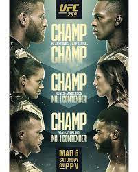 Ufc 259 will feature a diverse dose of global flair when the top fighters in the sport converge in the cage for a trio of championship fights saturday night at the ufc apex facility in las vegas. Ufc 259 Card All Fights Details For Blachowicz Vs Adesanya