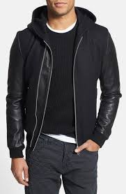 7 Diamonds Ace Wool Blend Hooded Bomber Jacket With Leather Sleeves And Hood Available At Nordstrom Wool Bomber Jacket Mens Outdoor Jackets Mens Jackets
