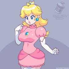 supersatanson, princess peach, mario (series), nintendo, super mario bros.  1, animated, animated gif, 1girl, artist name, blonde hair, blue eyes,  bouncing breasts, breast expansion, breasts, dress, gloves, large breasts,  legs, lipstick, long