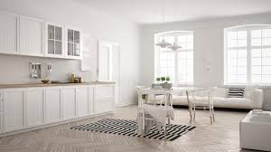 Scandinavian interior design has its main color that dominates the whole room. Minimalist Modern Kitchen With Dining Table And Living Room White Scandinavian Interior Design Stock Illustration Illustration Of Modern Home 92666201