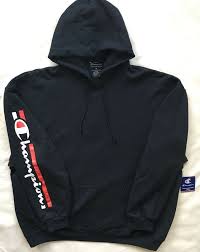 Black And Red Champion Hoodie Champion Mens Hoodie Script Logo Hooded Pullover Sweatshirt Black Red Nwt 3xl Champion Hoodie Black Sweatshirts Hooded Pullover Hoodies Men