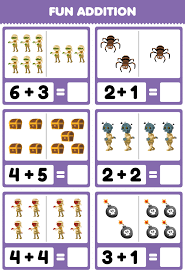 Lernspiel für Kinder Spaß Addition durch Zählen und Summe von niedlichen  Cartoon Mumie Spinne Brust Bombe Halloween druckbares Arbeitsblatt 10066899  Vektor Kunst bei Vecteezy