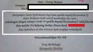 Surat pemberitahuan adalah surat yang berisi pemeberitahuan kepada semua anggota lingkungan agar mereka mengetahui tentang apa yang perlu di ketahui dengan ciri bersifat mengerim kabar atau berita serta memberitahu sesuatu. Viral Undangan Nikah Saat Pandemi Tak Bisa Datang Diminta Transfer Uang