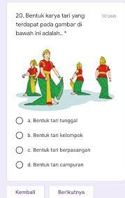 Solah cak wetanan karya sandhidea cahyo narpati solah cak wetanan (scw) merupakan penyajian utuh pengembangan tari kreasi baru berbasis tradisi, khususnya. Bentuk Karya Tari Yang Terdapat Pada Gambar Di Bawah Ini Adalah Brainly Co Id
