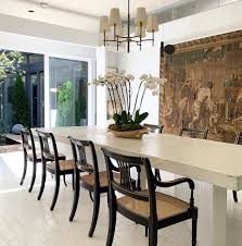 Classic Ivory Stone Slab Table And Black Chairs Contemporary Interior Dining Room Contemporary White Painted Floors
