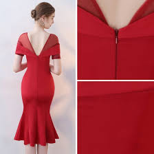Chic Beautiful Red Party Dresses 2017 Trumpet Mermaid Scoop Neck Short Sleeve Rhinestone Tea Length Ruffle Pierced Backless Formal Dresses Vestidos Estilosos Vestidos Vestido Elegante
