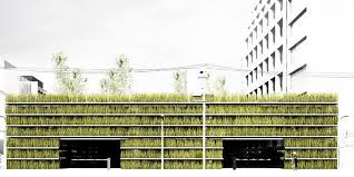 grass coated green roofed parking garage concept for tokyo green roof green facade urban parking