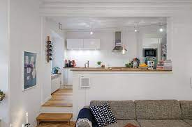 Ideas for one wall kitchen design, including layouts for appliances and accessories, plus single designer: Semi Loft Kitchen Concept To Beautify Cool Swedish Apartment Interior Design Ideas Small D Kitchen Design Open Minimalist Home Furniture Half Wall Room Divider
