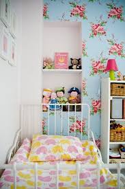 Pink Blue And Yellow Girls Room With Cath Kidston Millie Floral Wallpaper And White Iron Swedish Kids Girl Bedroom Designs Blue Girls Rooms Toddler Girl Room