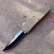 Out The Front Automatic Knife Lightning Otf Black 3 25 Drop Point Blade Tan