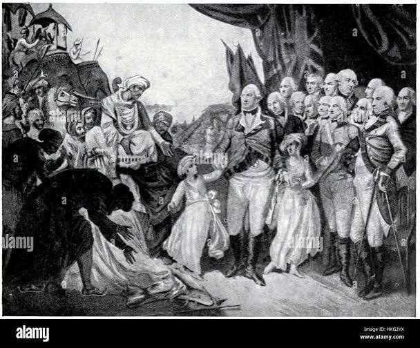 Lord Cornwallis receiving The sons of Tipu Sulta as Hostages, 1792 Stock Photo - Alamy