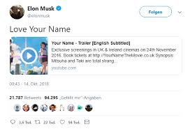 Yüksek profilli twitter kullanıcıları arasında olan elon musk, türkiye saati ile 01:30'da doğrulanmış şahsi hesabından şu tweet'i attı tweet'de animeyi sevdiğini söyleyen musk ardından tweet'ine bir ekleme yaptı ve bitcoin logosu barındıran bir anime karakterini paylaştı. Wegen Ich Liebe Anime Tweet Elon Musks Twitter Account Gesperrt Phanimenal