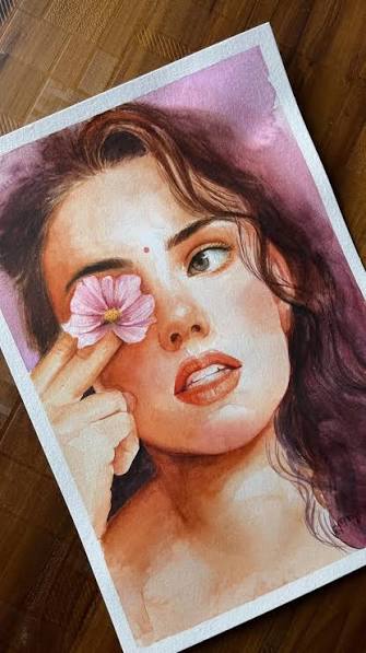 Pink Cosmos Watercolor Portrait