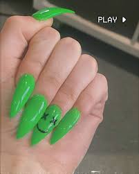 Neon Green Stiletto Acrylic Nails With Cross Eye Smiley Face Extra Long Neon Green Uv Acrylic Green Acrylic Nails Neon Acrylic Nails Neon Green Nails