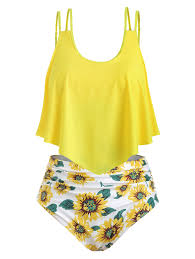 details about rosegal sunflower contrast overlay plus size tankini set spaghetti straps top