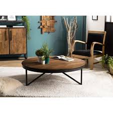 Table bois métal pied central vero industriel. Table Basse Ronde Bois De Teck Recycle Pieds Metal Nasai 3 Suisses