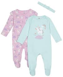 Bluezoo Blue Zoo Baby Girls Green And Lilac Unicorn Sleepsuits And Headband Set Headband Sets Zoo Babies Cotton Set