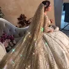 Luxury Gorgeous Gold Wedding Dresses 2019 Ball Gown Square Neckline Glitter Tulle Beading Sequins Crystal 3 4 Sleeve Backless Royal Train Video Video Gold Wedding Dress Gold Wedding Gowns Wedding Dresses Videos