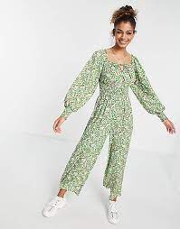 Asos Design Shirred Waist Square Neck Jumpsuit In Green Floral Asos