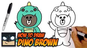 How To Draw Dino Brown Line Friends Step By Step Tutorial Line Friends Drawing For Beginners Easy Cartoon Drawings