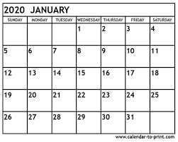 January 2020 Calendar Printable January 2020 Calendar January 2020 Calendars For Word Excel Pdf Free Dow Calendar Printables February Calendar Print Calendar
