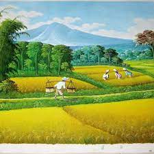 Pemandangan sawah akan terlihat indah ketika melihatnya di sore hari. Lukisan Pemandangan Sawah Padi Pada Waktu Senja