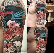 Beautiful japanese geisha tattoo design. Fresh Finished Geisha Hannya By Vinny At The American Tradition Tattoo Sacrament Japanese Geisha Tattoo Traditional Japanese Tattoo Sleeve Geisha Tattoo Design