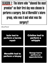 Here you will find questions relating to any aspect of the show, from its creation to awards, characters, and more. Grey S Anatomy Quizzes