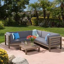 Ravello Outdoor Patio Furniture 4 Piece Wooden Sectional Sofa Set W Water Resistant Cushions Grey Outdoor Sectional Sofa Patio Sectional Wood Patio Furniture