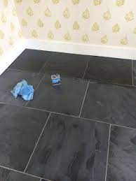 Start Of A Slate Floor Seal Using A Colour Enhancing Impregnator Floor Was Deep Cleaned And Stripped Of Old Sealers Fir Slate Flooring Flooring Kitchen Design