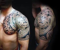 A larger half sun is shown in the shoulder area and combined with a smaller one in the opposite color and side. 75 Half Sleeve Tribal Tattoos For Men Masculine Design Ideas Half Sleeve Tribal Tattoos Tribal Tattoos For Men Tribal Tattoos
