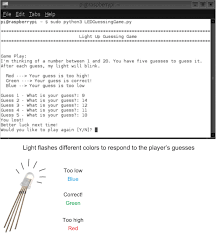 This script is an interactive guessing game, which will ask the user to guess a number between 1 and 99. Chapter 7 Light Up Guessing Game Hello Raspberry Pi Python Programming For Kids And Other Beginners