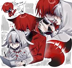 paisley una, adashino adami, mr. scarletella, homicipher, highres, 1boy,  1girl, after kiss, animal ear hood, animal ears, blood, blood from mouth,  blush, book, coat, english text, fake animal ears, fox boy, fox