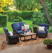 Better Homes Gardens Ravenbrooke 4 Piece Patio Furniture Conversation Set Wicker With Swivel Chairs Walmart Com Backyard Furniture Garden Patio Furniture Patio Furniture Conversation Sets