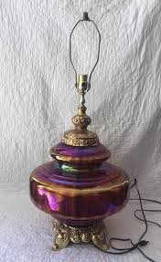 Vintage Mid Century Iridescent Amber Carnival Glass Table Lamp Diffuser 3 Way Glass Table Lamp Carnival Glass Vintage Vintage Table Lamp