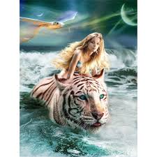 Cross Stitch Kit Diy Diamond Embroidery Beauty And Tiger Full Square Round Diamond Painting Fantasy Pictures Tiger Art Fantasy Art