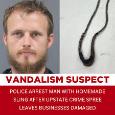 The suspect had a homemade sling the police believe he used in a rash of  property crimes reported over 24 hours.  https://www.foxcarolina.com/2025/07/16/police-suspect-with-homemade-sling-charged-gaffney-crime-spree/