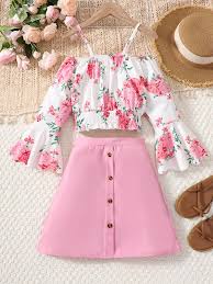 garotas Top & saia impressão floral ombro frio manga de encampanada