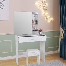Coiffeuse contemporaine riche en tiroirs pour y abriter vos produits beauté. Meubles De Chambre A Coucher Table De Maquillage En Bois Avec Miroir Escamotable Et Tabouret En Cuir Miroir Amovible 1 Tiroir Jeffordoutlet Set De Coiffeuse Blanc Pour Filles Ameublement Et Decoration