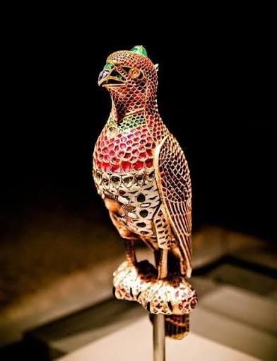 Mughal India falcon archer's ring with ruby eyes