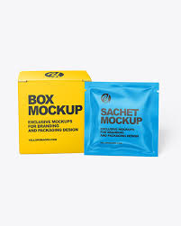 Box With Glossy Sachet Mockup Front View In Box Mockups On Yellow Images Object Mockups
