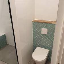 city half tile seagreen zeegroen turquoise visgraat tegel 7 5 x 30 cm badkamer betegelde badkamers badkamer groen