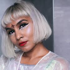 South Asian Desi Indian Blonde Bob Hair Crystal Embellished Eye Liner Makeup Look Blonde Bob Hairstyles Iridescent Dress Bob Hairstyles