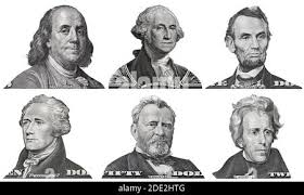 George Washington, Benjamin Franklin, Abraham Lincoln, Alexander Hamilton,  Andrew Jackson, Ulysses Grant faces from US dollar bills isolated, United S  Stock Photo
