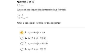 An Arithmetic Sequence Has This Recursive Formula A1 9 And 1 3 Brainly Com