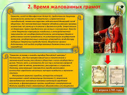 грамота на права и выгоды городам российской империи 1785 Zhizn Rossijskoj Imperii V 1775 1796 Gody Online Presentation