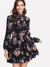 Shein Autumn Floral Women Dresses Multicolor Elegant Long Sleeve High Waist A Line Chic Dress Ladies Tie Neck Dress Vestidos Look Looks