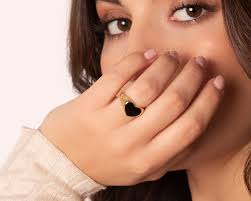 Gold Chunky Heart Signet Ring With White and Black Enamel